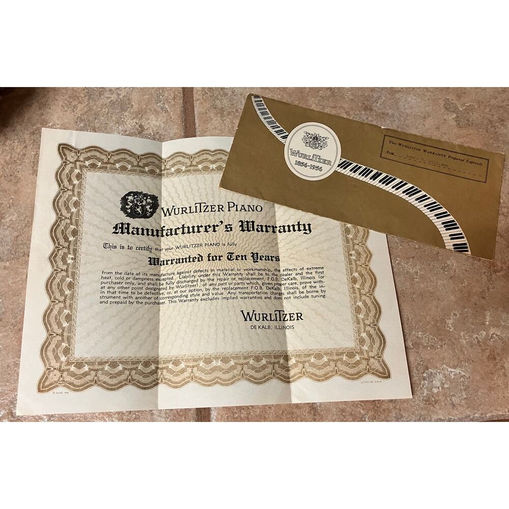 Wurltizer Piano Manufacturer's Warranty Certificate and Envelope Paper Ephemera‎